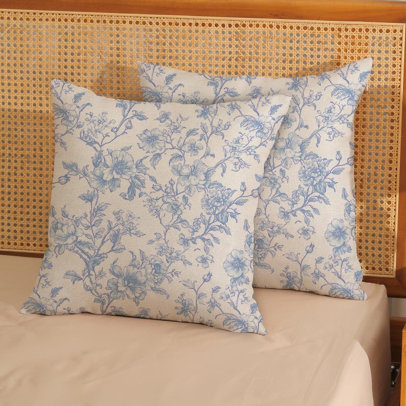 GOLIANDA Baby Blue Pillow Covers 18x18 Set of 2 Blue and Cream Floral Chinoiserie Throw Pillows Vintage Rustic Toile Flower Decorative Pillowcase Outdoor Chinoiserie Decor Cushion Case for Couch Sofa - Image 2