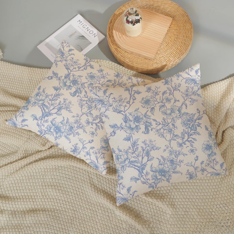 GOLIANDA Baby Blue Pillow Covers 18x18 Set of 2 Blue and Cream Floral Chinoiserie Throw Pillows Vintage Rustic Toile Flower Decorative Pillowcase Outdoor Chinoiserie Decor Cushion Case for Couch Sofa - Image 5