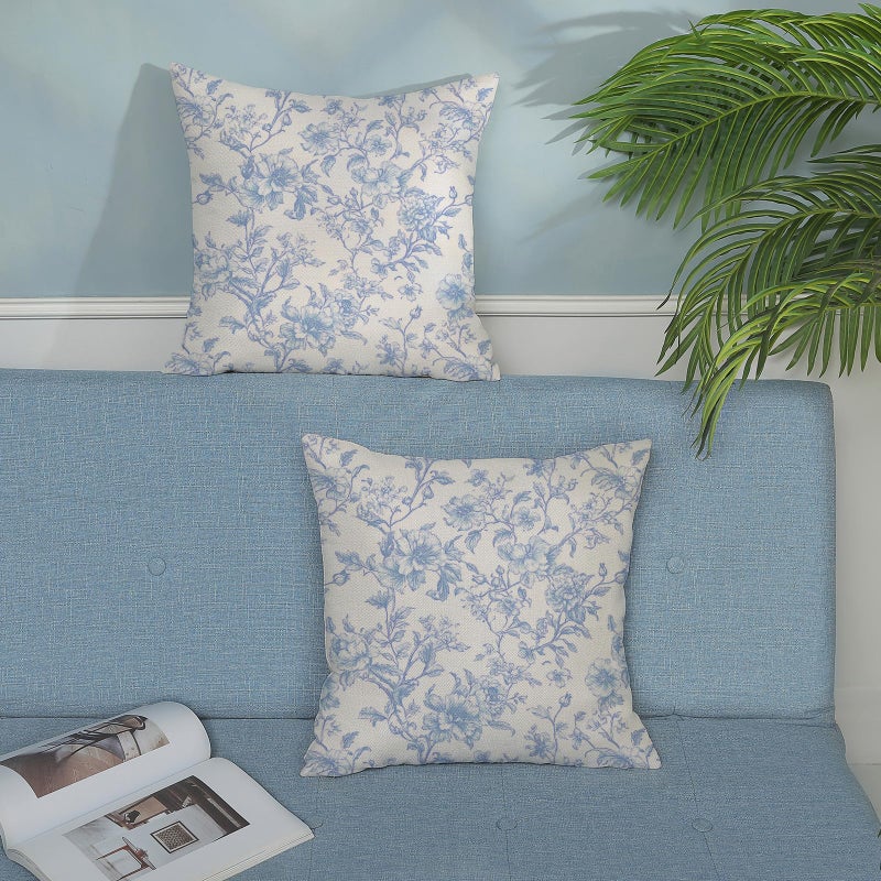 GOLIANDA Baby Blue Pillow Covers 18x18 Set of 2 Blue and Cream Floral Chinoiserie Throw Pillows Vintage Rustic Toile Flower Decorative Pillowcase Outdoor Chinoiserie Decor Cushion Case for Couch Sofa - Image 3
