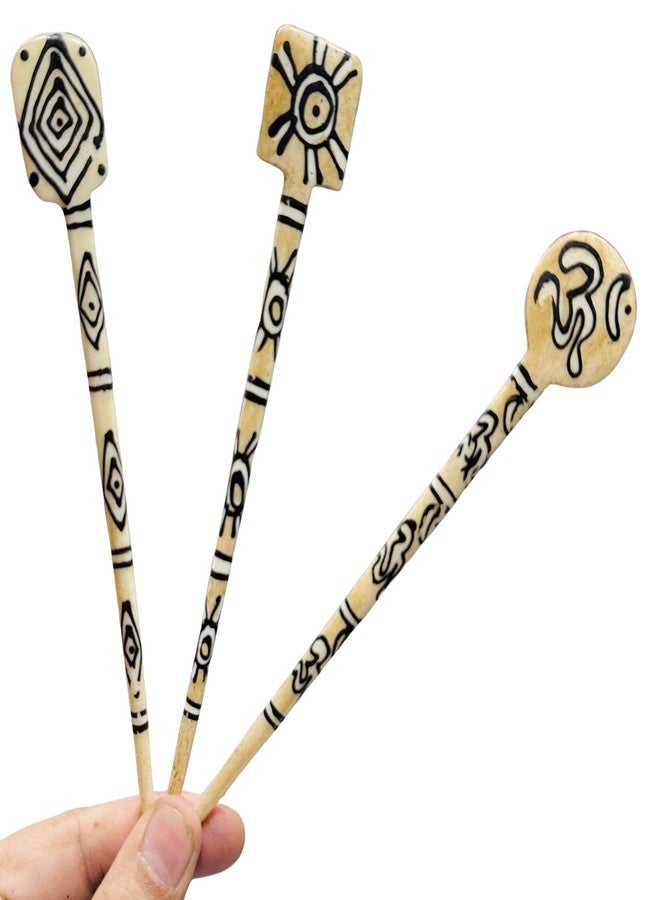 Luxelocks Pack of 3pcs Handcrafted Hair Sticks with Tribal Pattern, Cream and Black, Traditional Hair Accessories, juda hair stick for women - Image 1