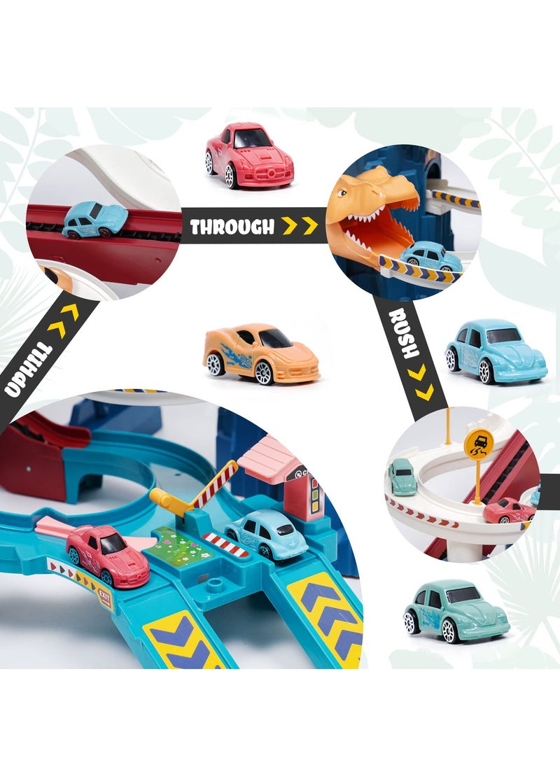 KASTWAVE - Car Race Track Toy ,Car Adventure Toy for Children Dinosaur Climbing Hills Railcar with 4 Vehicles ,Learning & Intelligence Educational Toys Gifts for Kids 3 4 5 6 Year Old,Flexible Train Tracks - Image 1