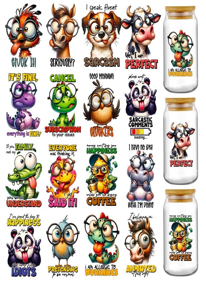 AFRITEE Funny Animals UV DTF Stickers - 20 Sheets Yes I'm Perfect Fun Cow Uvdtf Tumbler Wraps for 16 oz Glass Cups, Dinosaur Crocodile Hippo Bird Transfer Sticker DIY Water Bottle Craft Decals Decorations - Image 1