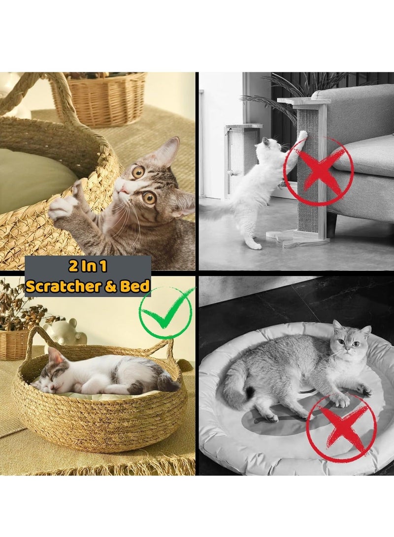 Aikenn Hand-Made Rattan Round Cat Bed Round Straw Nest Woven Pet House Removable Four Seasons Universal Straw Cat Kennel With Soft Cushion Cotton 
43x43x14 Centimeter  - Image 5