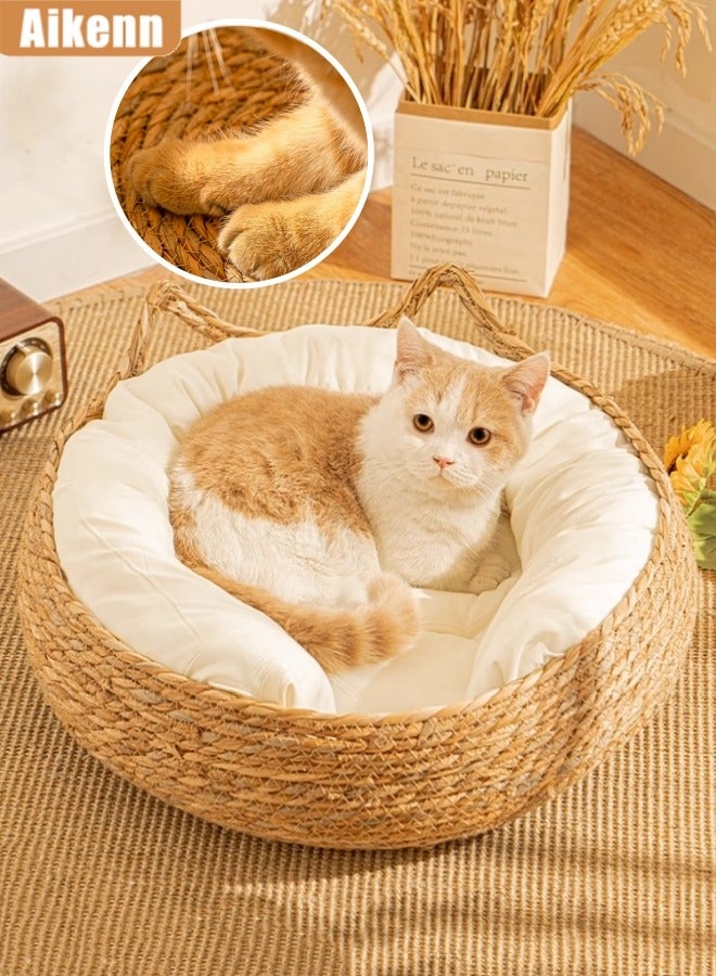 Aikenn Hand-Made Rattan Round Cat Bed Round Straw Nest Woven Pet House Removable Four Seasons Universal Straw Cat Kennel With Soft Cushion Cotton 
43x43x14 Centimeter  - Image 1