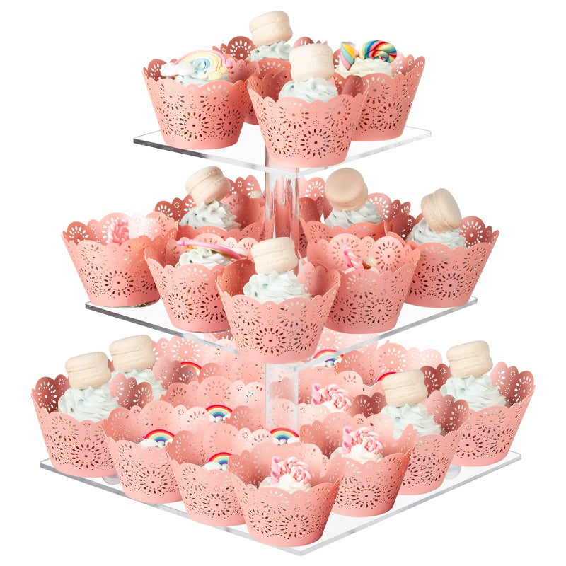 Boxalls Cupcake Stand 3 Tier Square Acrylic Cupcake Display Stand Holder Clear Dessert Pastry Tower for Wedding Birthday Theme Party Baby Shower