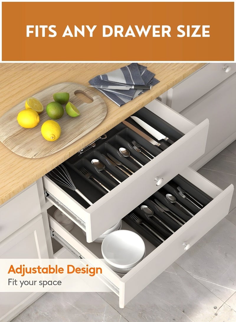 JUNI Silverware Drawer Organizer, Large Capacity Expandable Utensil Tray for Kitchen, BPA Free Flatware and Cutlery Holder, Adjustable Plastic Storage for Spoons Forks Knives, Large Sleek Black Design - Image 3