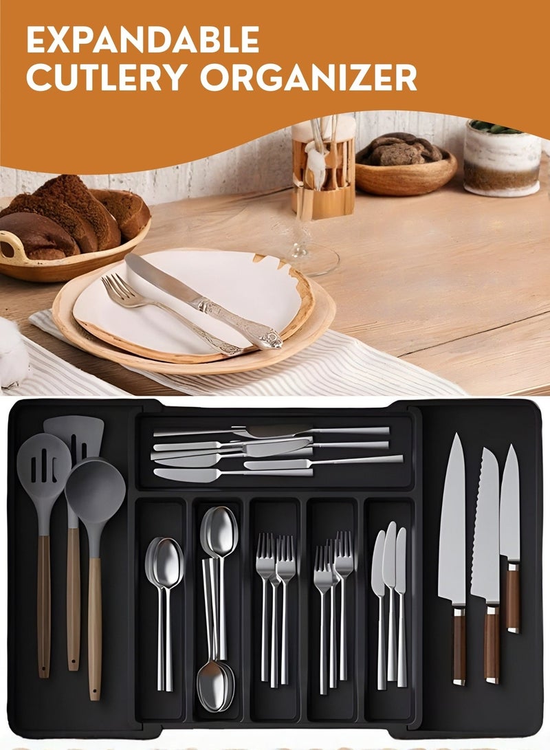 JUNI Silverware Drawer Organizer, Large Capacity Expandable Utensil Tray for Kitchen, BPA Free Flatware and Cutlery Holder, Adjustable Plastic Storage for Spoons Forks Knives, Large Sleek Black Design - Image 2