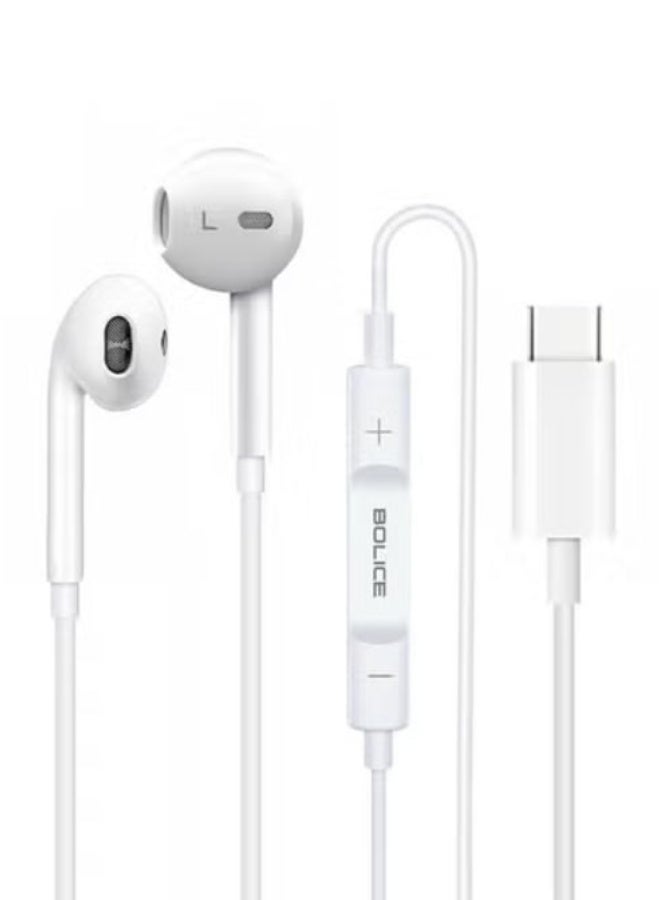 BOLICE Type-C Wired Earphones for iPhone 15 Pro Max | Hi-Fi Stereo Sound with Built-in Mic and Volume Control - White - Image 1