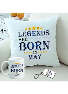 PICRAZEE Legends are Born in May Happy Birthday Gift Combo Set 1 Printed 12 x 12 Satin Cushion with Filler 1 Coffee Mug 1 Key Ring May CMK
