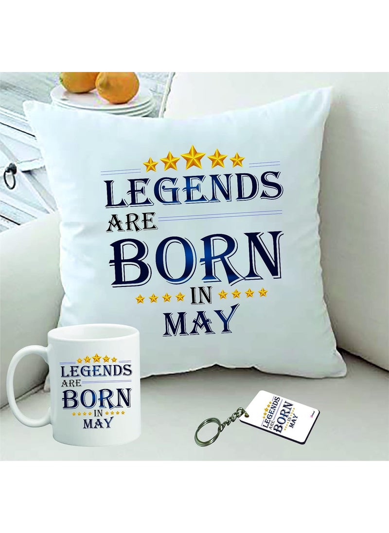PICRAZEE PICRAZEE Legends are Born in May Happy Birthday Gift Combo Set 1 Printed 12 x 12 Satin Cushion with Filler 1 Coffee Mug 1 Key Ring May CMK 