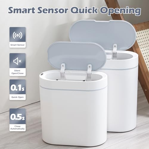 ELPHECO 2 Pack Bathroom Motion Sensor Trash can 2.5 Gallon + 2 Gallon Automatic Garbage Can Bathroom Decor, Slim Plastic Smart Trash Bin with Lid, Garbage can for Kitchen, Office, White, 2 Pack - Image 2