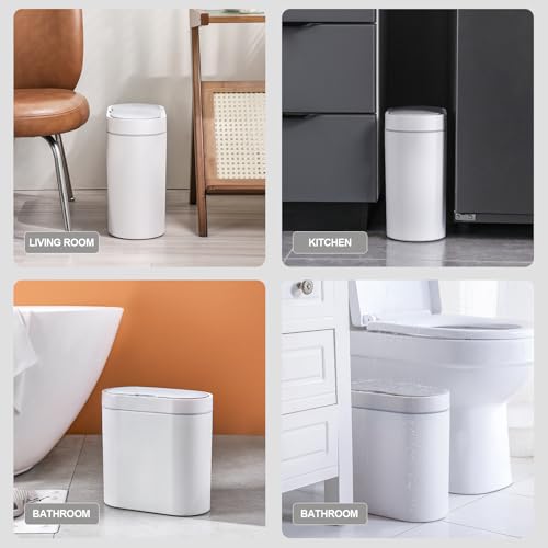 ELPHECO 2 Pack Bathroom Motion Sensor Trash can 2.5 Gallon + 2 Gallon Automatic Garbage Can Bathroom Decor, Slim Plastic Smart Trash Bin with Lid, Garbage can for Kitchen, Office, White, 2 Pack - Image 5