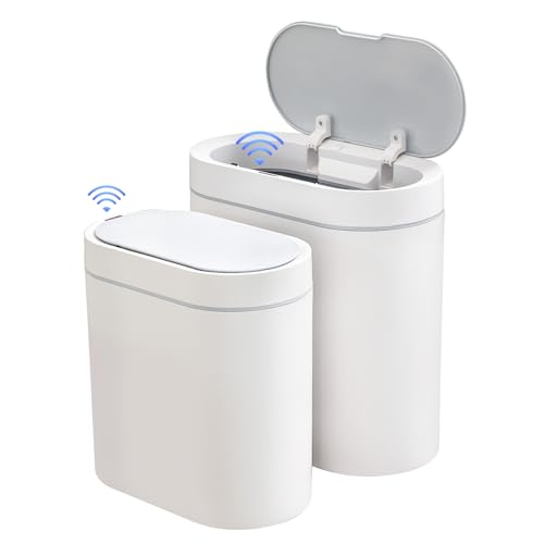 ELPHECO 2 Pack Bathroom Motion Sensor Trash can 2.5 Gallon + 2 Gallon Automatic Garbage Can Bathroom Decor, Slim Plastic Smart Trash Bin with Lid, Garbage can for Kitchen, Office, White, 2 Pack - Image 1