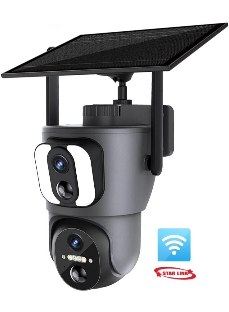 STAR LINE Dual Lens 6MP Outdoor PT Camera 2K Dual Screen Solar  Sim 4G Dual PIR Humam Detection Car Tracking Smart Linkage Security Cameras Security Surveillance, HD Resolution (3MP fixed lens and 3MP PT lens), Color Night Vision(WiFi Version No Card)  - Image 1