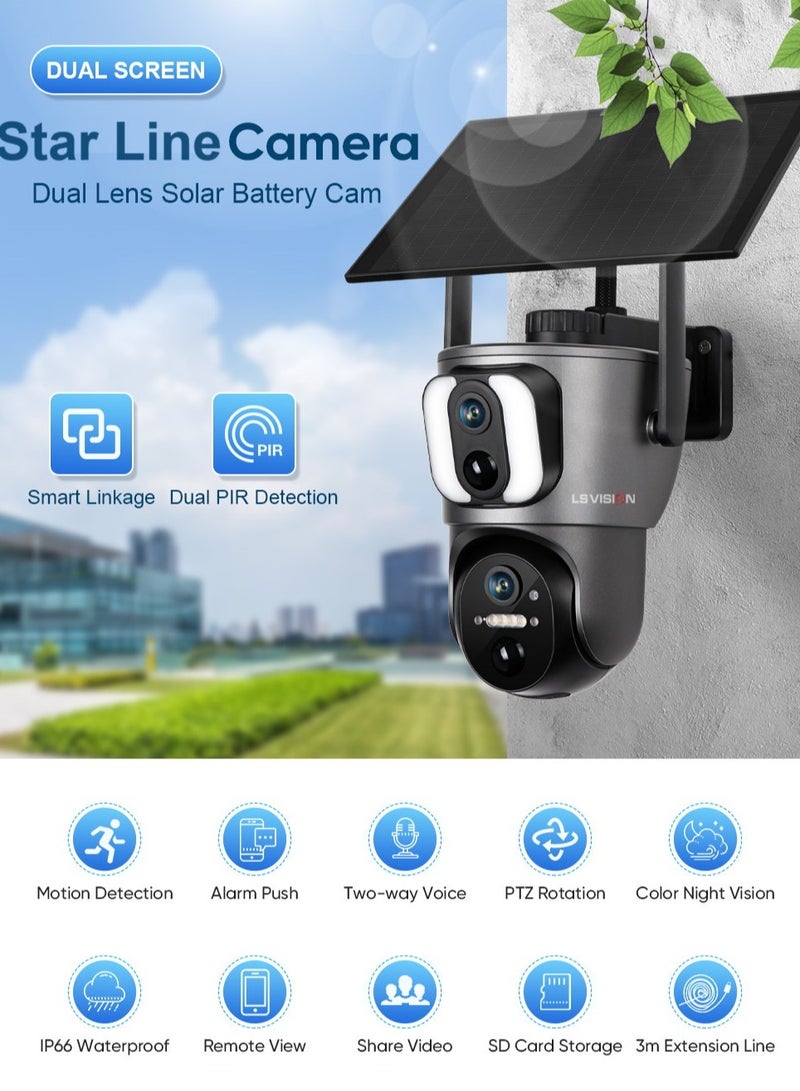 STAR LINE Dual Lens 6MP Outdoor PT Camera 2K Dual Screen Solar  Sim 4G Dual PIR Humam Detection Car Tracking Smart Linkage Security Cameras Security Surveillance, HD Resolution (3MP fixed lens and 3MP PT lens), Color Night Vision(WiFi Version No Card)  - Image 5