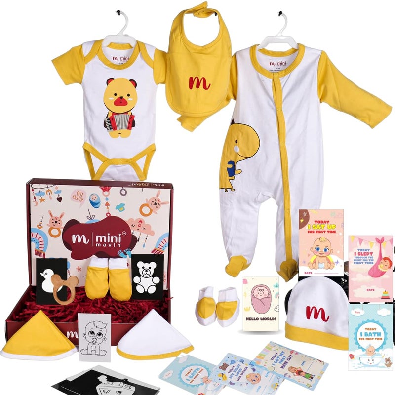 MINI MAVIN Minimavin 100% Organic Newborn Baby Essentials Gift Set | Safe Newborn Baby Gifts | Ideal for Baby Shower Gifts, Birthdays, Romper, Onesie, Cap, Mitten, Booties, burp cloth, wash cloth, neemwood teether, Milestone cards, Surprise gift (Clothing_Gift_Set_SET_OF_24) - Image 1