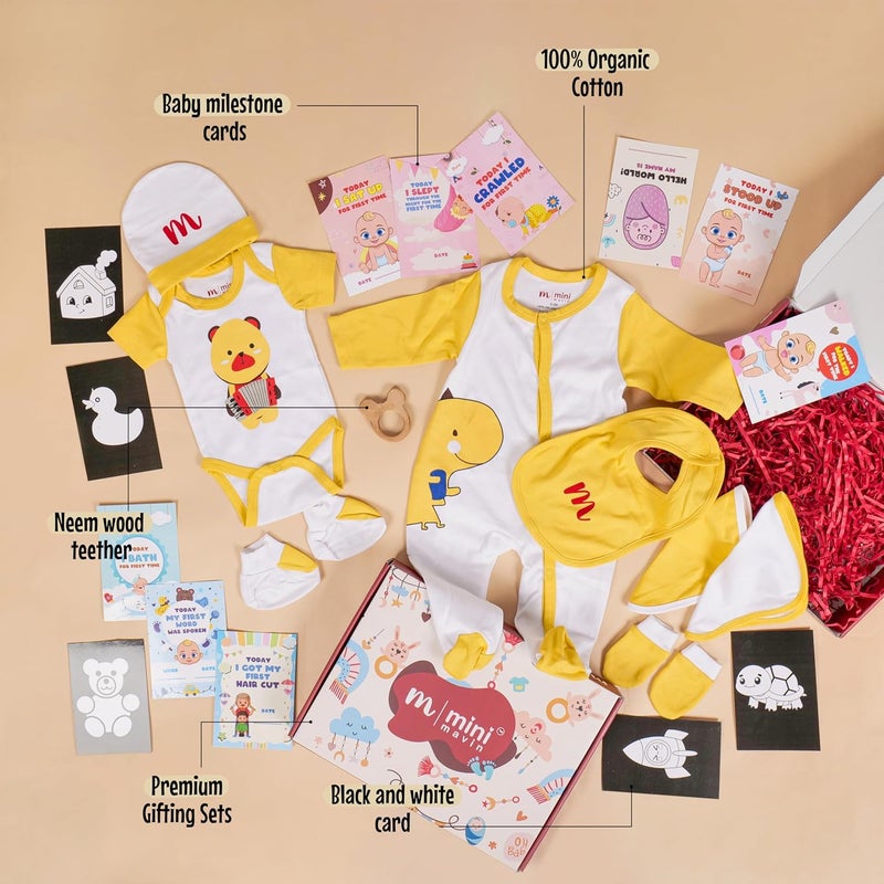 MINI MAVIN Minimavin 100% Organic Newborn Baby Essentials Gift Set | Safe Newborn Baby Gifts | Ideal for Baby Shower Gifts, Birthdays, Romper, Onesie, Cap, Mitten, Booties, burp cloth, wash cloth, neemwood teether, Milestone cards, Surprise gift (Clothing_Gift_Set_SET_OF_24) - Image 2
