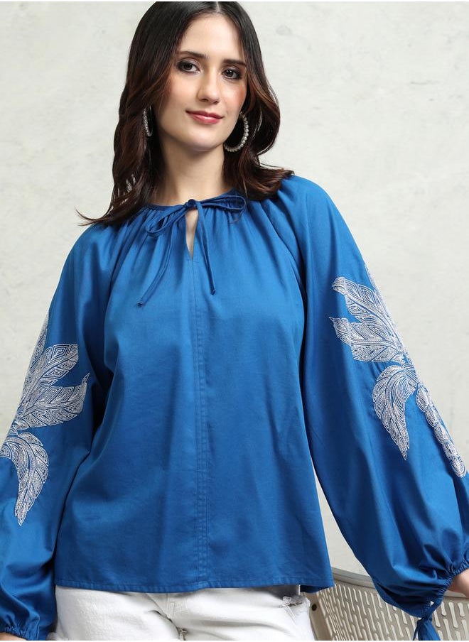 Tokyo Talkies Floral Print Balloon Sleeve Top with Tie-Up Neck by Styli  - Image 1