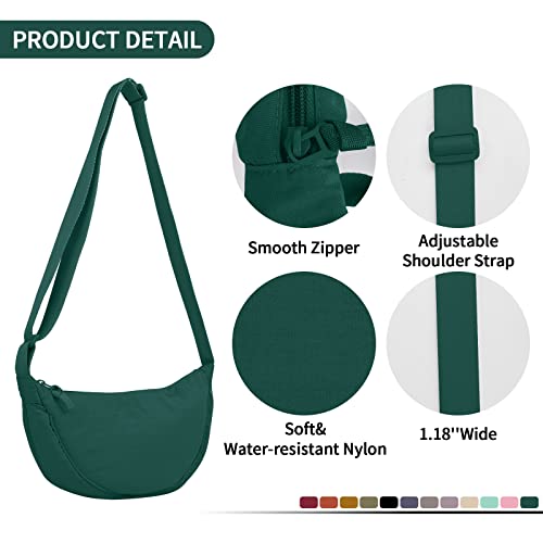 EVGLOW Nylon Crescent Crossbody Bag for Women Purses Trendy Men,Small Travel Sling Bag Hobo,Lightweight Fanny Pack with Zipper Adjustable Strap,Round Soft Shoulder Pouch for Everyday Use Sport(Dark Green) - Image 3