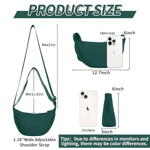 EVGLOW Nylon Crescent Crossbody Bag for Women Purses Trendy Men,Small Travel Sling Bag Hobo,Lightweight Fanny Pack with Zipper Adjustable Strap,Round Soft Shoulder Pouch for Everyday Use Sport(Dark Green) - Image 2