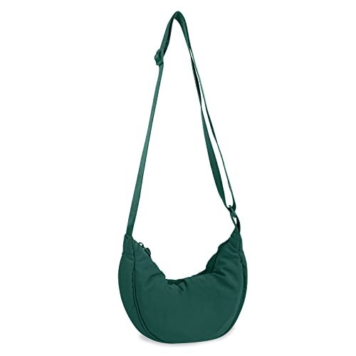 EVGLOW Nylon Crescent Crossbody Bag for Women Purses Trendy Men,Small Travel Sling Bag Hobo,Lightweight Fanny Pack with Zipper Adjustable Strap,Round Soft Shoulder Pouch for Everyday Use Sport(Dark Green) - Image 1