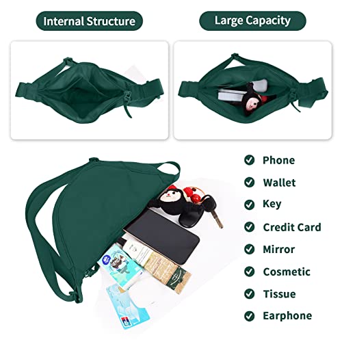 EVGLOW Nylon Crescent Crossbody Bag for Women Purses Trendy Men,Small Travel Sling Bag Hobo,Lightweight Fanny Pack with Zipper Adjustable Strap,Round Soft Shoulder Pouch for Everyday Use Sport(Dark Green) - Image 4