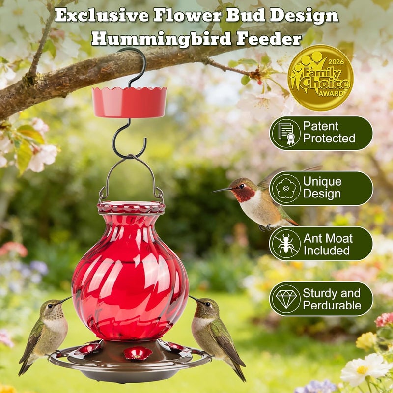 Auslar Garden Hummingbird Feeder, Glass Hummingbird Feeders for Outdoors, 5 Flower Feeding Ports, 26 Ounces, Rustproof, Leakproof, Netted Flower Bud Shape Bottle, Red - Image 2