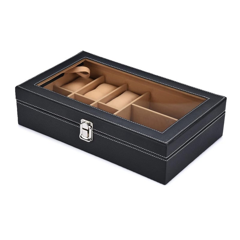 STORESHINE Unisex 6 Slots Watch Box Organizer & 3 Slot for sunglasses PU Leather Wrist Watches Acrylic Display Case Storage Box in Black and Beige Color - Image 3