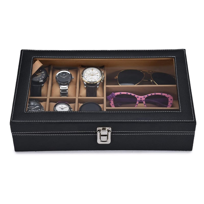 STORESHINE Unisex 6 Slots Watch Box Organizer & 3 Slot for sunglasses PU Leather Wrist Watches Acrylic Display Case Storage Box in Black and Beige Color - Image 4