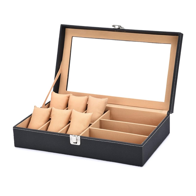 STORESHINE Unisex 6 Slots Watch Box Organizer & 3 Slot for sunglasses PU Leather Wrist Watches Acrylic Display Case Storage Box in Black and Beige Color - Image 2
