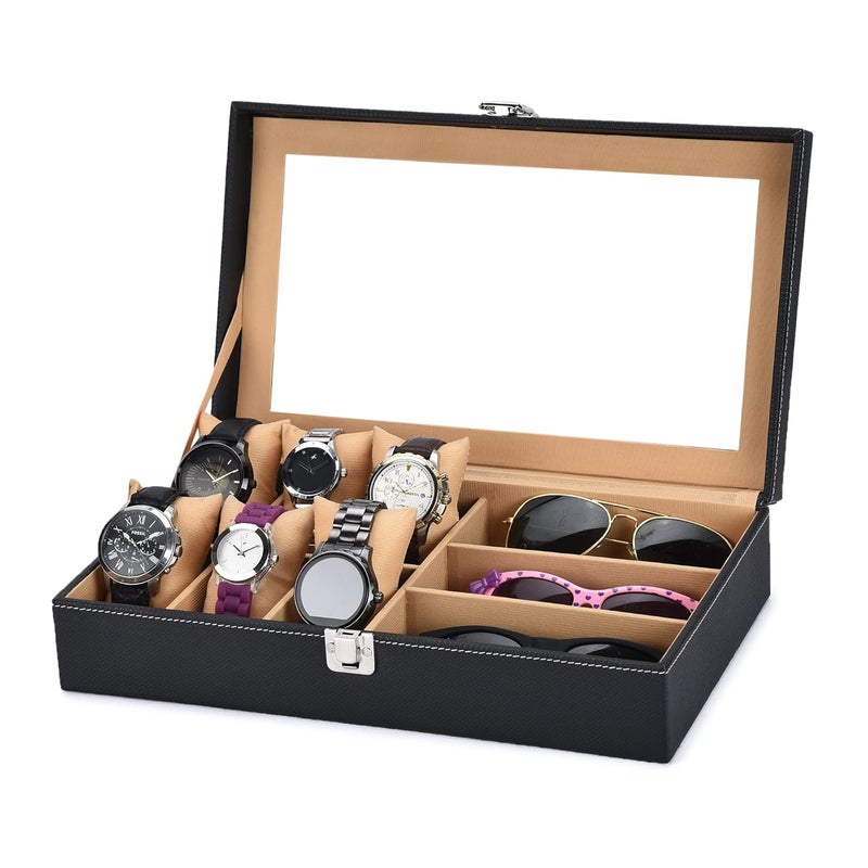 STORESHINE Unisex 6 Slots Watch Box Organizer & 3 Slot for sunglasses PU Leather Wrist Watches Acrylic Display Case Storage Box in Black and Beige Color - Image 1