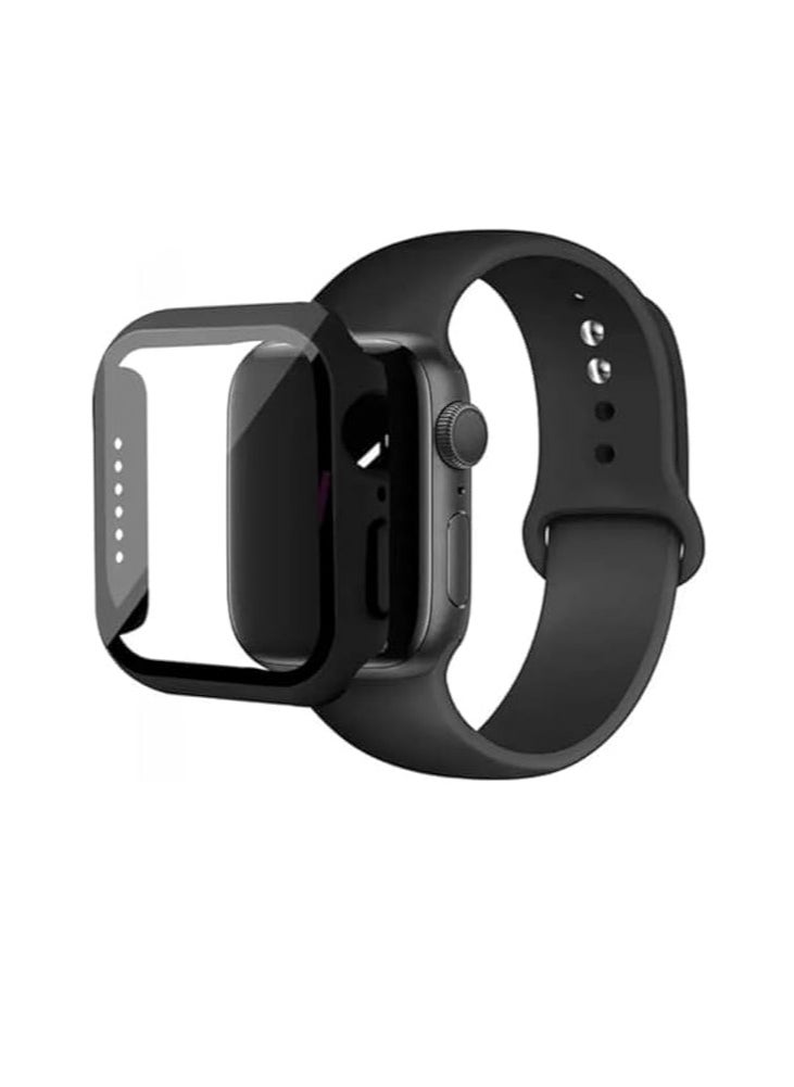 Generic Compatible with Apple Watch band 45mm, Watch Strap + PC Tempered Screen Protective cover Suit, Adjustable and Replaceable Sports Bracelet Wristband, for Apple series SE/6/5/4/3/2/1. Black 