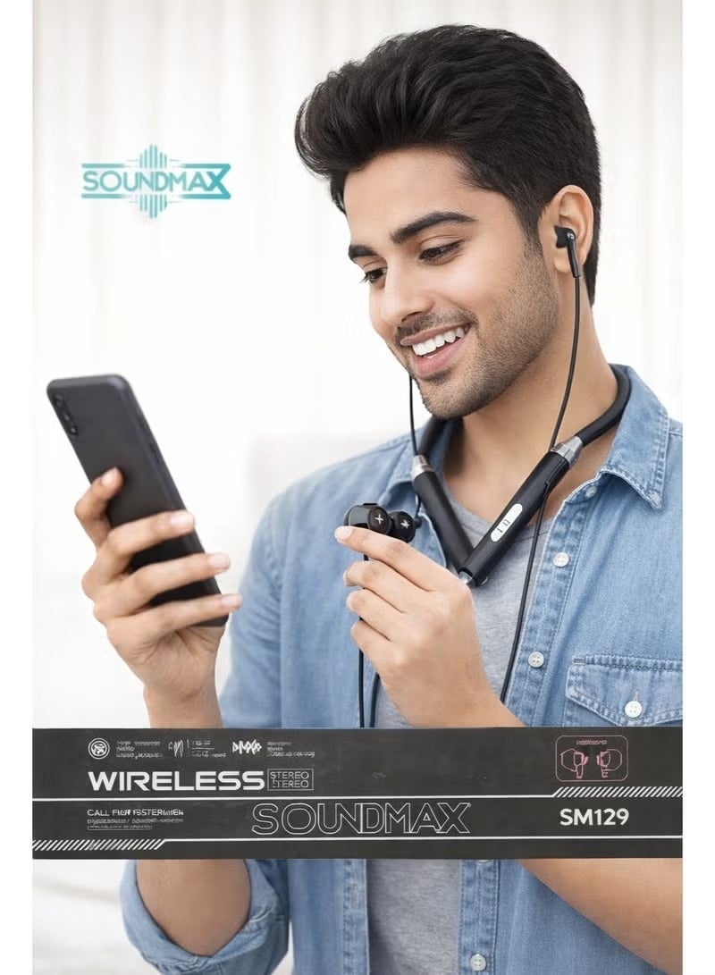 Soundmax SM129 Wireless Bluetooth Neckband Headphones | Deep Bass Stereo Sound | Magnetic Earbuds | Long Battery Life | Comfortable & Lightweight Design - Image 2