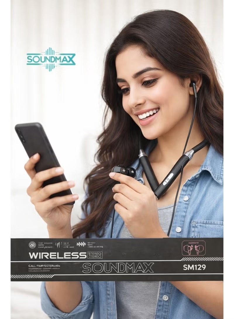 Soundmax SM129 Wireless Bluetooth Neckband Headphones | Deep Bass Stereo Sound | Magnetic Earbuds | Long Battery Life | Comfortable & Lightweight Design - Image 1