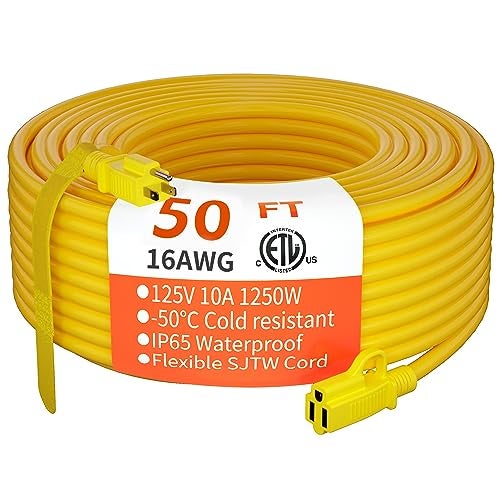 HUANCHAIN Indoor Outdoor Extension Cord 50 ft Waterproof, 16/3 Gauge Flexible Resistant Appliance Extension Cord Outside, 13A 1625W 16AWG SJTW, 3 Prong Electric Cable Yellow, ETL - Image 1
