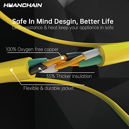 HUANCHAIN Indoor Outdoor Extension Cord 50 ft Waterproof, 16/3 Gauge Flexible Resistant Appliance Extension Cord Outside, 13A 1625W 16AWG SJTW, 3 Prong Electric Cable Yellow, ETL - Image 3