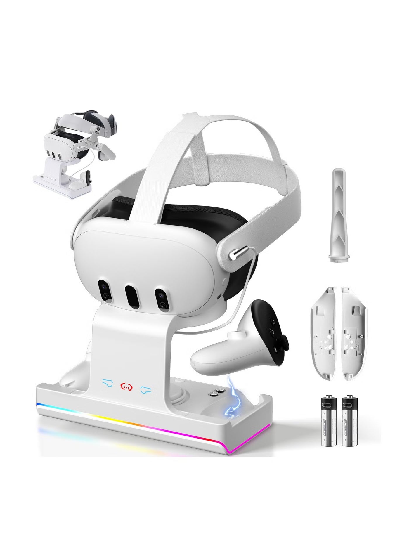 Rock Pow Charging Dock for Oculus/Meta Quest 3 with RGB Light, VR Headset Charging Station with USB-C Fast Charging, Headset and Controller Display Stand Accessories with 2 x 1800Mah Rechargeable Batteries