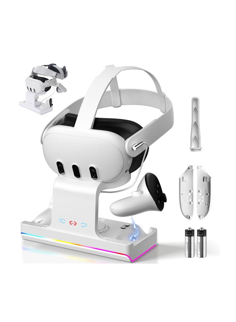 Rock Pow Charging Dock for Oculus/Meta Quest 3 with RGB Light, VR Headset Charging Station with USB-C Fast Charging, Headset and Controller Display Stand Accessories with 2 x 1800Mah Rechargeable Batteries - Image 1