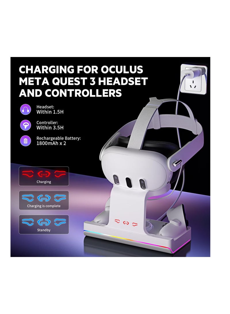 Rock Pow Charging Dock for Oculus/Meta Quest 3 with RGB Light, VR Headset Charging Station with USB-C Fast Charging, Headset and Controller Display Stand Accessories with 2 x 1800Mah Rechargeable Batteries - Image 2