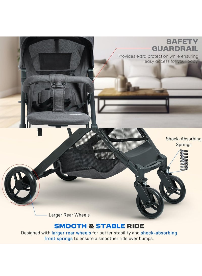 BAYBEE Foldable Cabin Baby Stroller Pram for Baby with 3-Position Adjustable Seat, Metal Frame & Canopy, Bassinet, Parent Handle, 5 Point Safety Belt, Stroller for Kids Toddler 0 to 3 Years Boy Girl Grey - Image 5