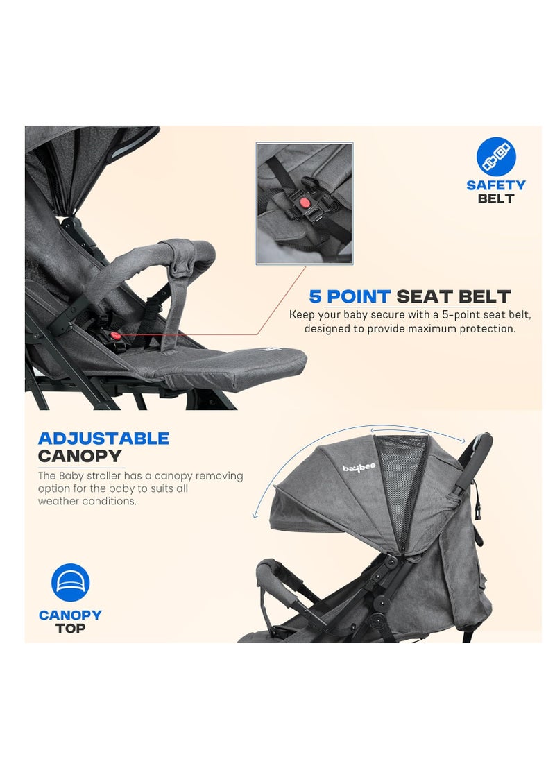 BAYBEE Foldable Cabin Baby Stroller Pram for Baby with 3-Position Adjustable Seat, Metal Frame & Canopy, Bassinet, Parent Handle, 5 Point Safety Belt, Stroller for Kids Toddler 0 to 3 Years Boy Girl Grey - Image 4