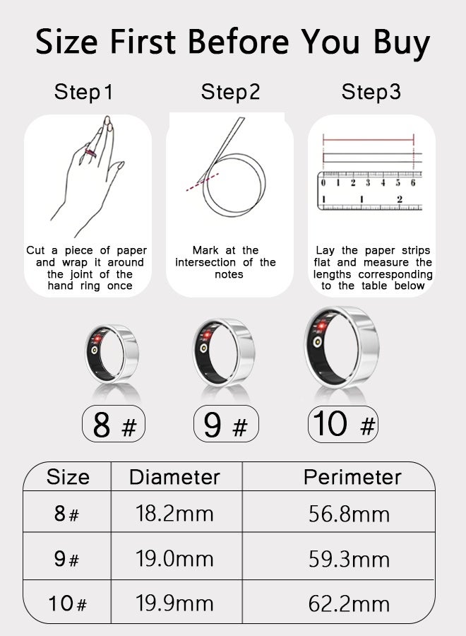 Smart Ring, Health Tracker for Women Men, Fitness Tracker with Heart Rate, Blood Oxygen, Sleep Monitor, Calories, Step Counter, IP68 Waterproof Smart Ring for iPhone & Android, No Subscription Fee (Silver, 10#) - Image 3