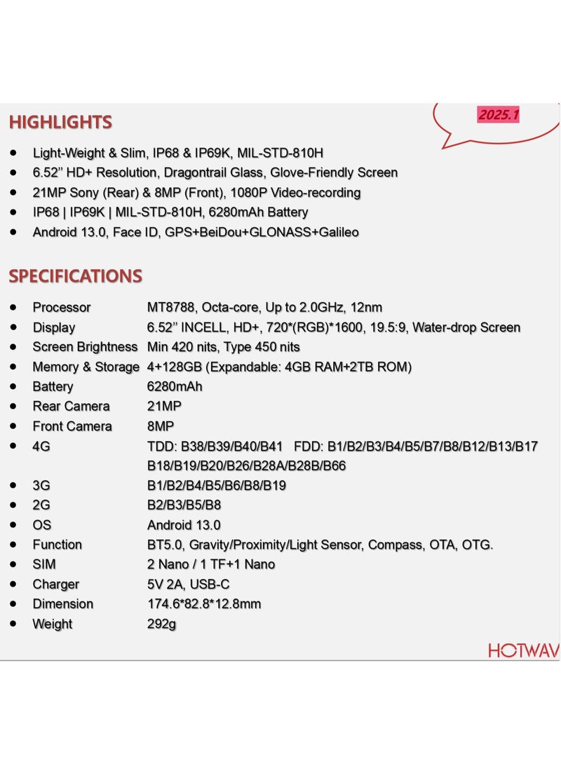 HOTWAV T7 Rugged Phone 4GB RAM + 128GB ROM, 6.52" HD+ Display, 21MP Camera, 6280mAh Battery, Android 13 4G Smartphone - Image 4