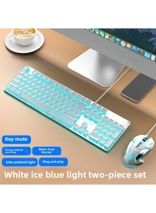 Front 107 Real Feel Mute Keyboard Game Computer Mechanical Office Girl Walker Wireless Wired Keyboard Mouse-Color:Mechanical Feel-[wired Two-piece Set] White Blu-ray + Mouse■Water Drop Keycap-no-104 Keys-official Standard  - Image 1