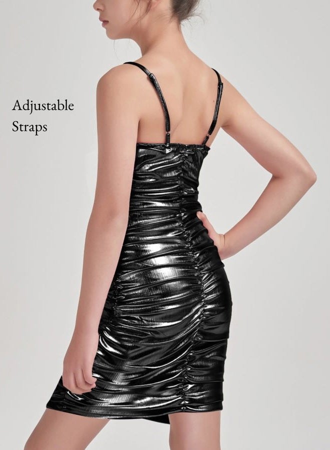 EXARUS Girls Spaghetti Strap/Long Sleeve Formal Dresses Teen Bodycon Ruched Party Prom Dance Graduation Fancy, Spaghetti Strap Black, 10 Years - Image 4