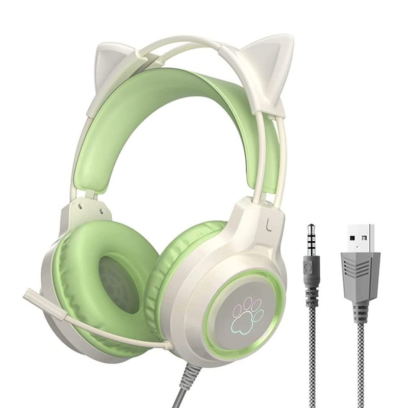 Jinserta Gaming Headset with Removable Cat Ears, 3.5mm Wired Headphones with Adjustable Microphone, Extendable Padded headband, Noise Cancelling and RGB Light Headphones for Xbox/PS4/Switch/Mac/Phone (Green) - Image 1