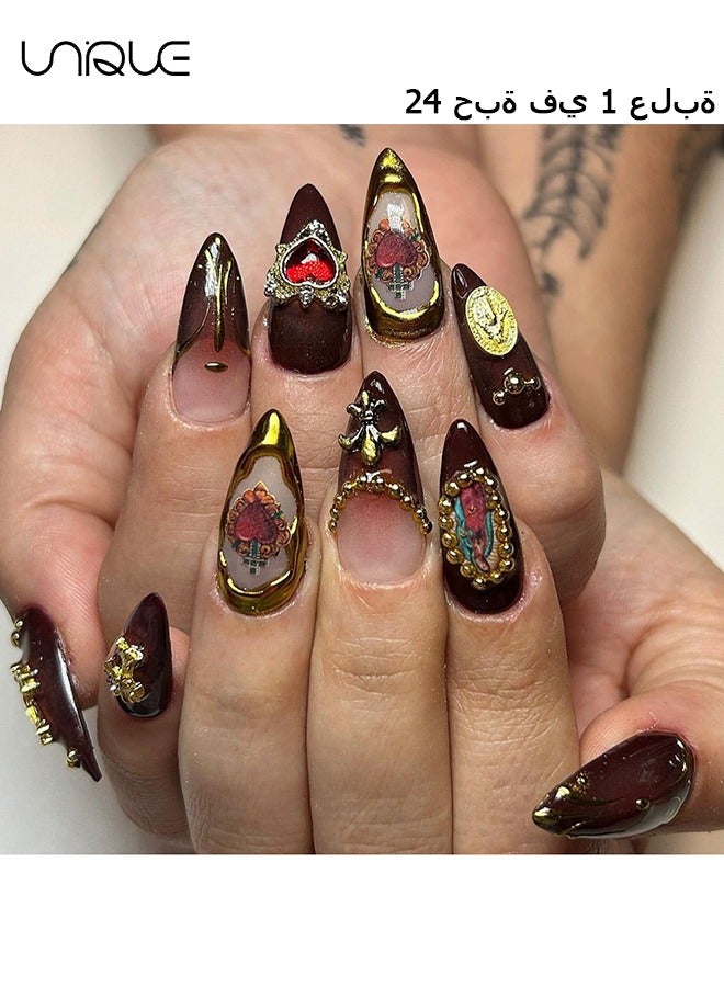 يونيك 24 قطعة أظافر مزيفة ، أظافر الصحافة ، مانيكير منتصف اللوز - مانيكير ثلاثي الأبعاد للقلب بالأحجار الكريمة - مانيكير بني داكن منقوش - رقعة أظافر مزيفة - Image 1