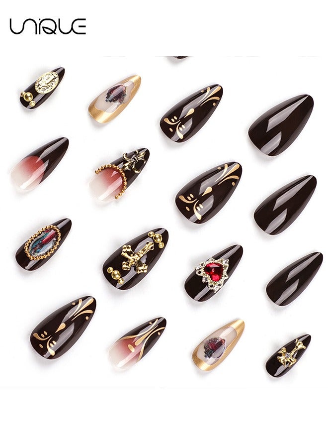 يونيك 24 قطعة أظافر مزيفة ، أظافر الصحافة ، مانيكير منتصف اللوز - مانيكير ثلاثي الأبعاد للقلب بالأحجار الكريمة - مانيكير بني داكن منقوش - رقعة أظافر مزيفة - Image 2