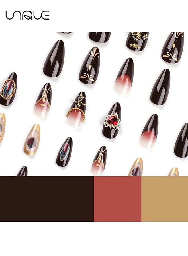 يونيك 24 قطعة أظافر مزيفة ، أظافر الصحافة ، مانيكير منتصف اللوز - مانيكير ثلاثي الأبعاد للقلب بالأحجار الكريمة - مانيكير بني داكن منقوش - رقعة أظافر مزيفة - Image 3