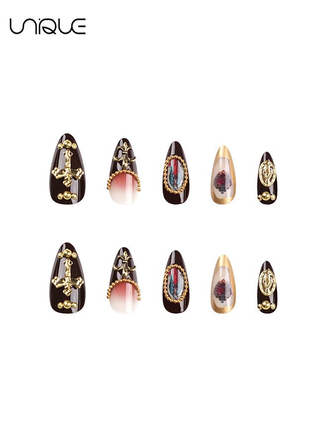 يونيك 24 قطعة أظافر مزيفة ، أظافر الصحافة ، مانيكير منتصف اللوز - مانيكير ثلاثي الأبعاد للقلب بالأحجار الكريمة - مانيكير بني داكن منقوش - رقعة أظافر مزيفة - Image 5